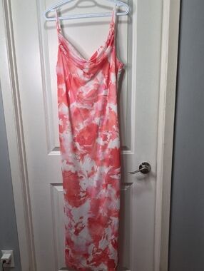 Cowl-Neck Maxi Slip Dress in Pink Coral Watercolor
